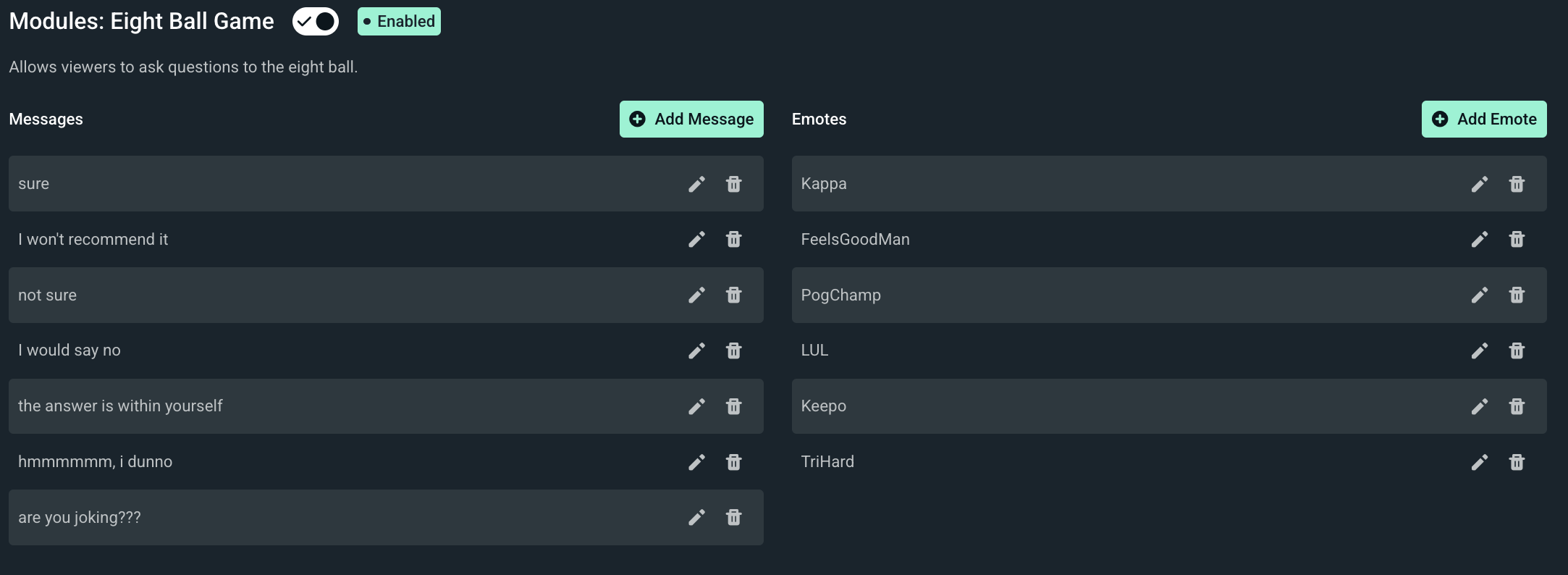 Eight ball minigame settings for Cloudbot